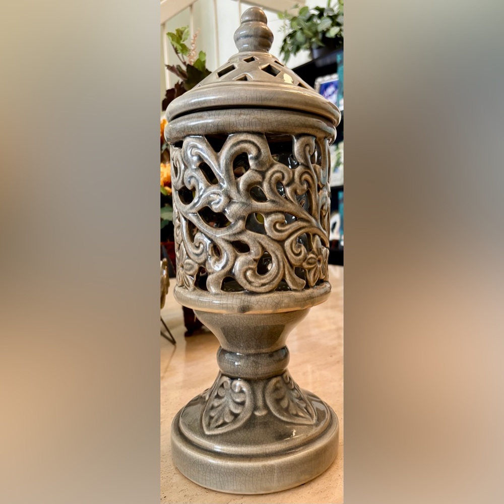 Decorative Pedestal Ceramic Lantern in Green Crackle Glaze & Filigree Design